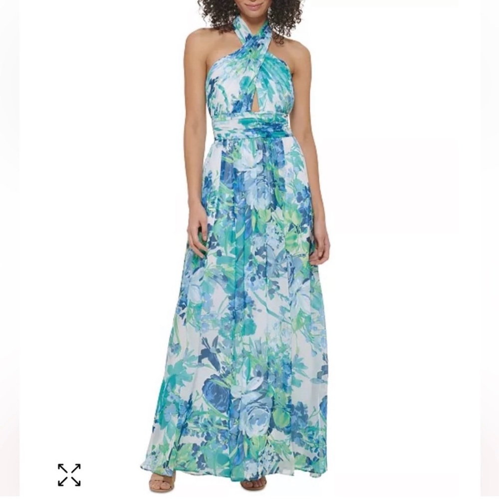 Eliza J Printed Halter-Neck A-Line Gown